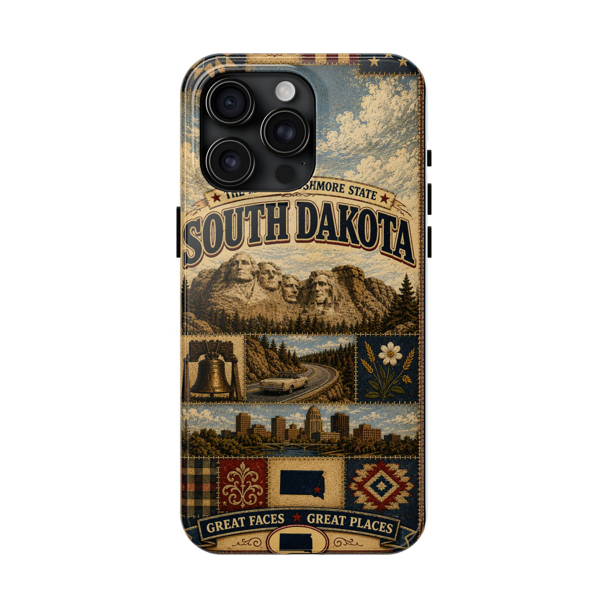 South Dakota Faux Patchwork Phone Case Mount Rushmore State Retro Bison Scenic Road State Pride Cover