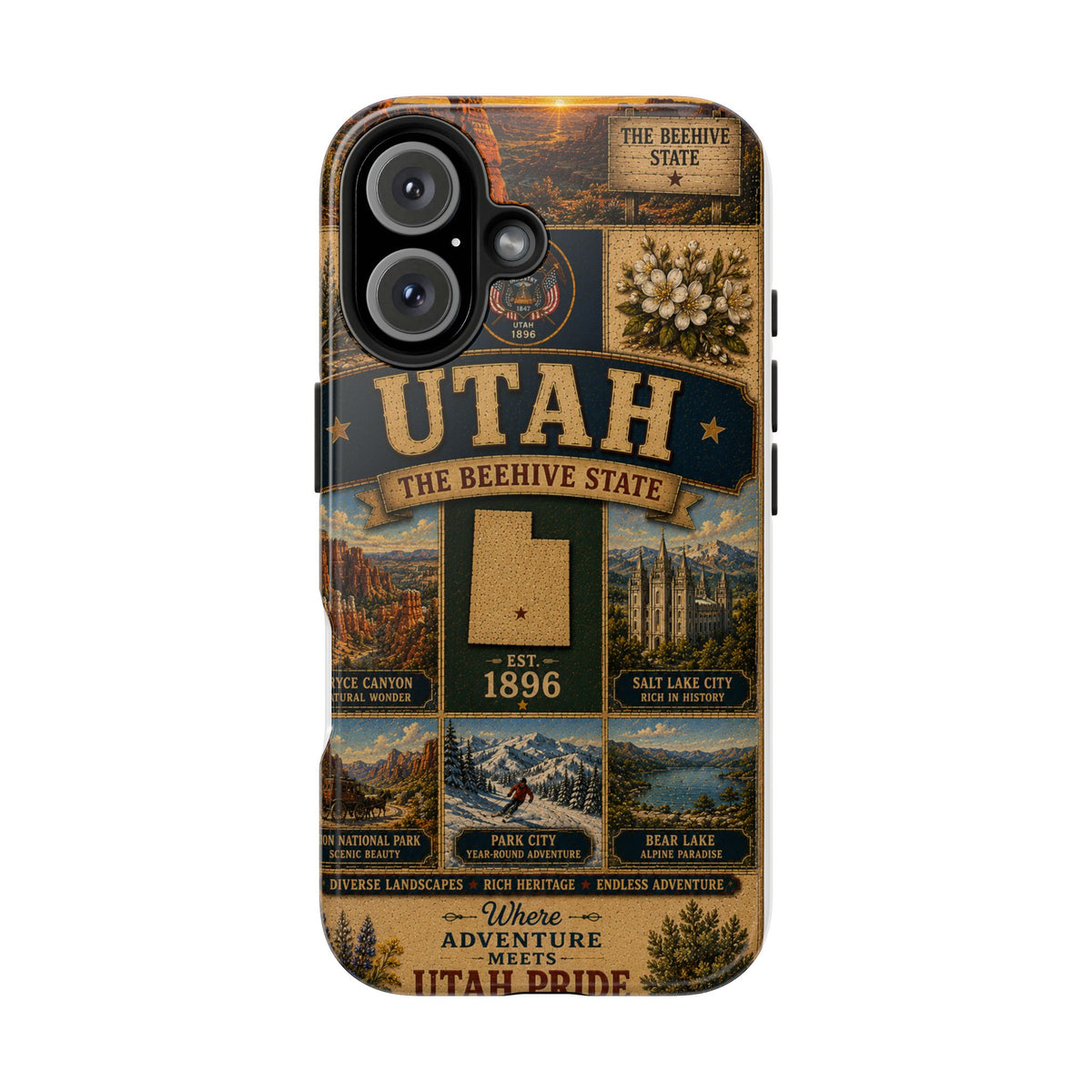 Utah Faux Patchwork Phone Case The Beehive State Vintage Travel Poster Retro State Pride Cover Est 1896