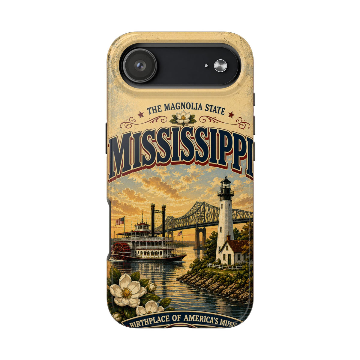Mississippi Magnolia State Faux Patchwork Phone Case – Vintage Travel Poster Riverboat Lighthouse Design for iPhone & Samsung