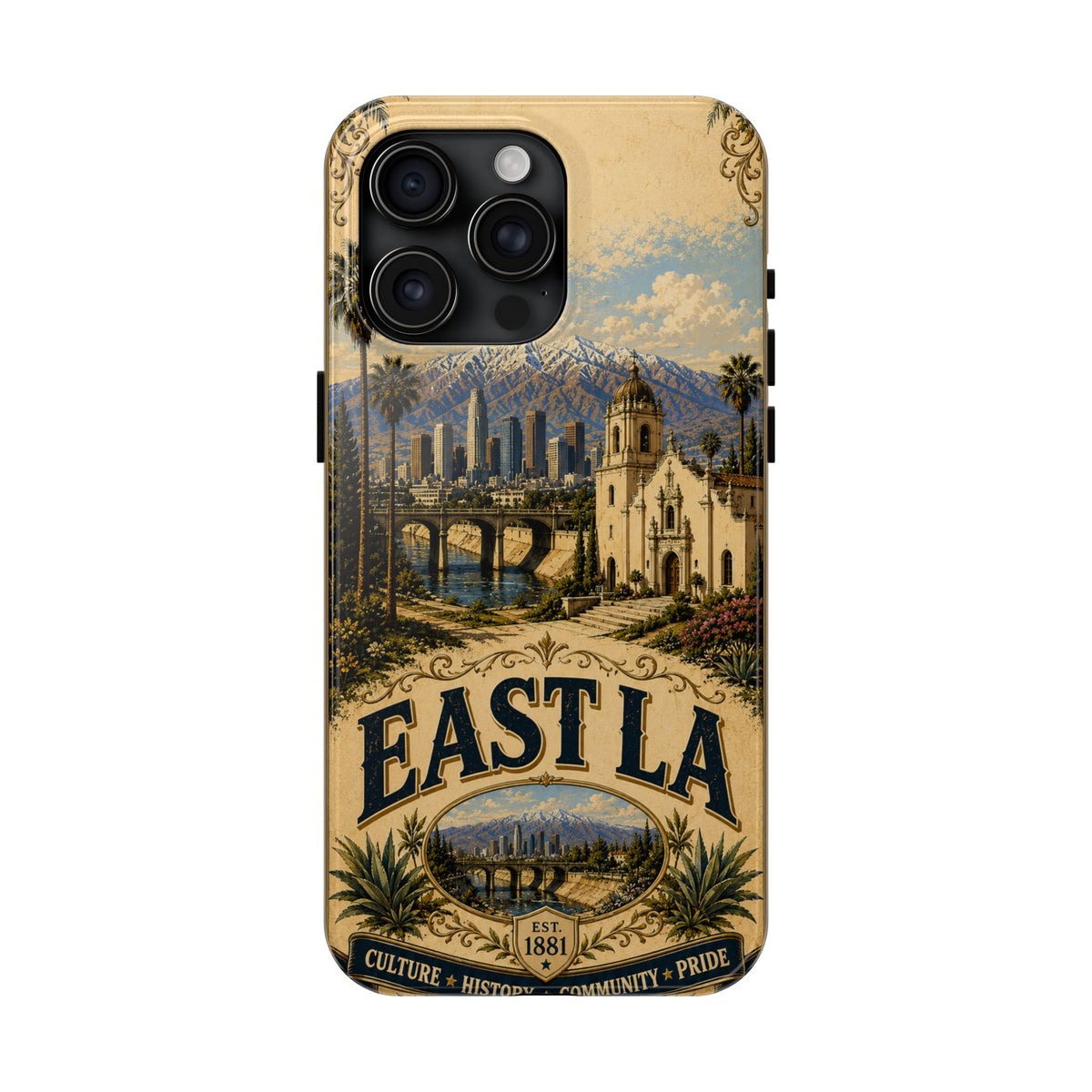 East LA Faux Patchwork Phone Case – Cultural Heritage Skyline & Mission Landmark Retro Cover for iPhone 17 Samsung S26