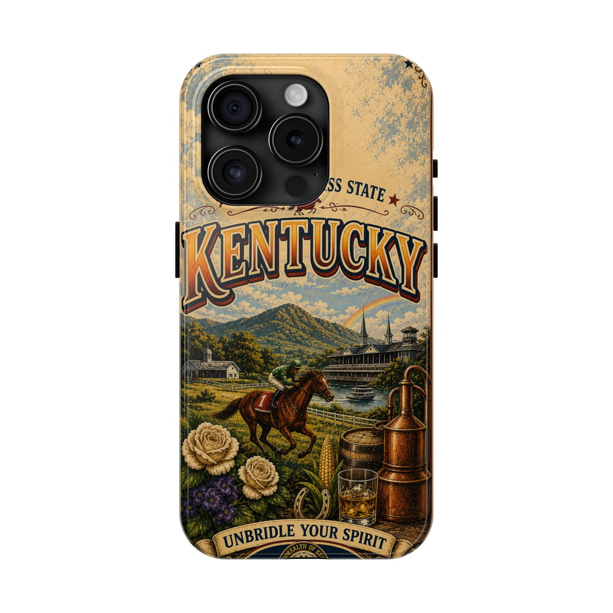 Kentucky Bluegrass State Faux Patchwork Phone Case – Vintage Travel Poster Style Kentucky Souvenir Cover for iPhone & Samsung