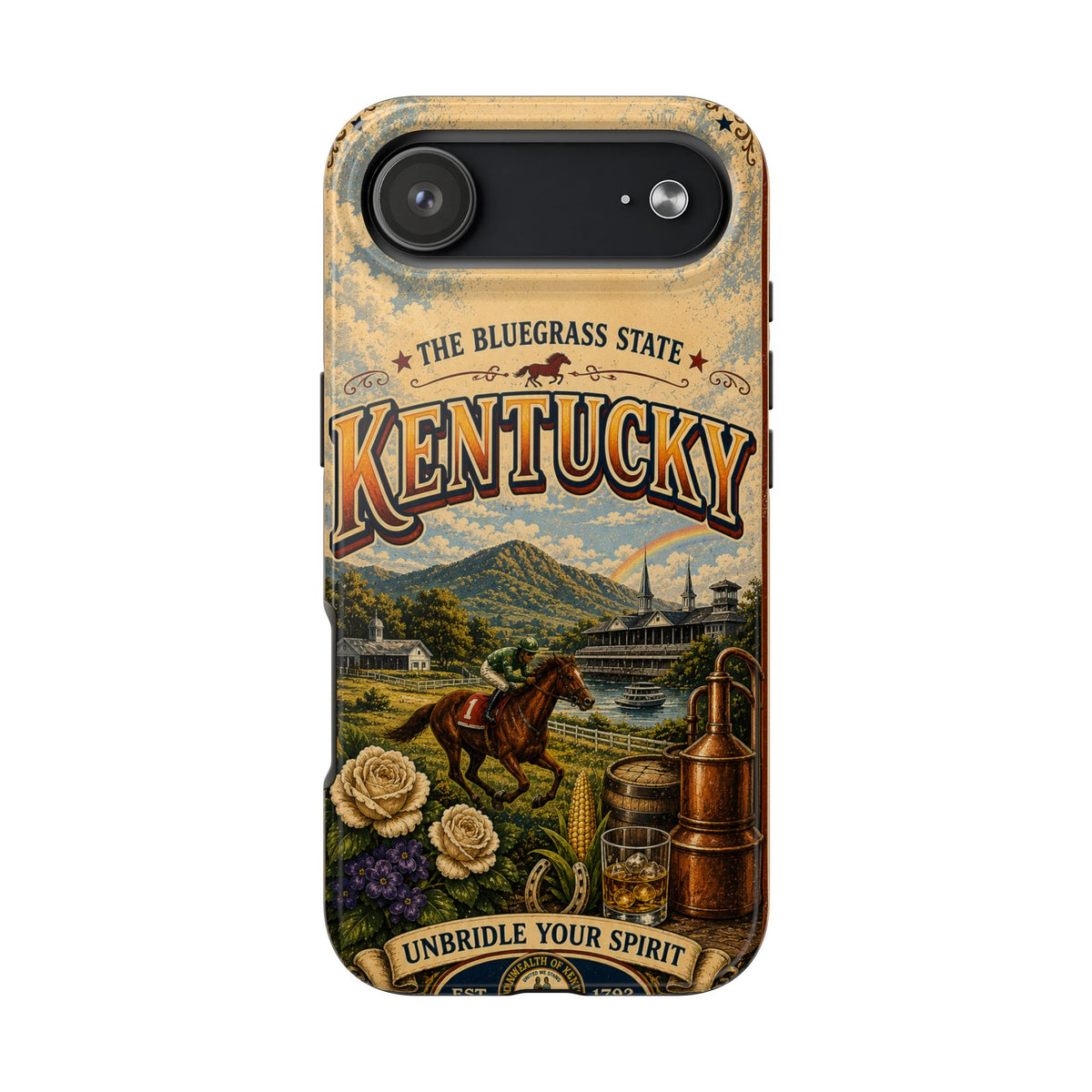 Kentucky Bluegrass State Faux Patchwork Phone Case – Vintage Travel Poster Style Kentucky Souvenir Cover for iPhone & Samsung