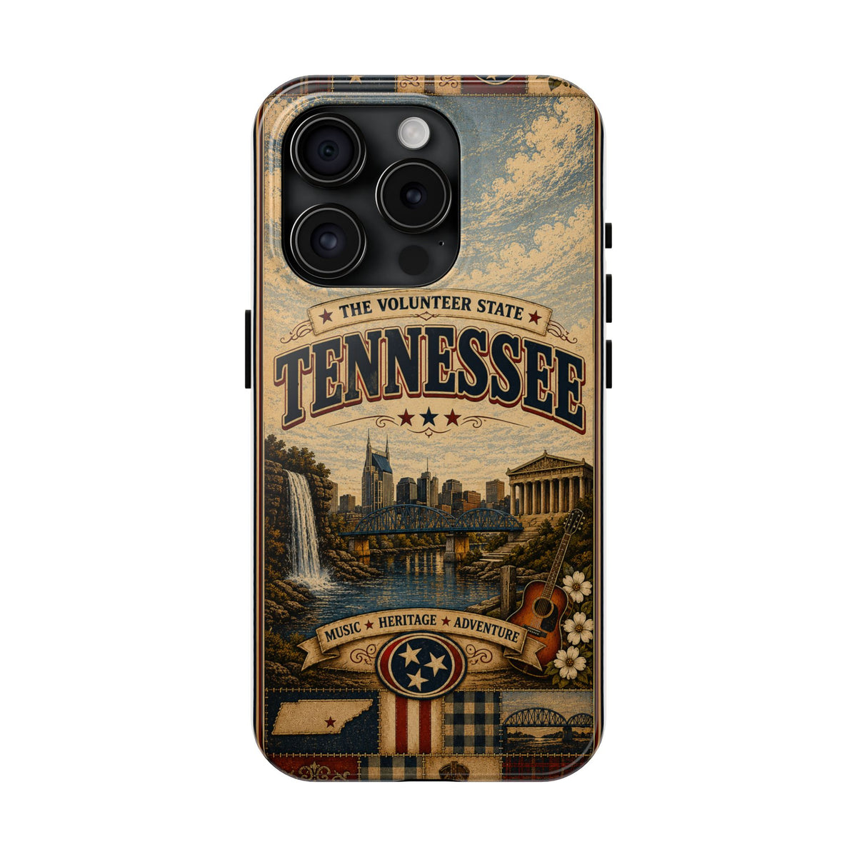 Tennessee Faux Patchwork Phone Case Volunteer State Retro Nashville Skyline Guitar State Pride Cover