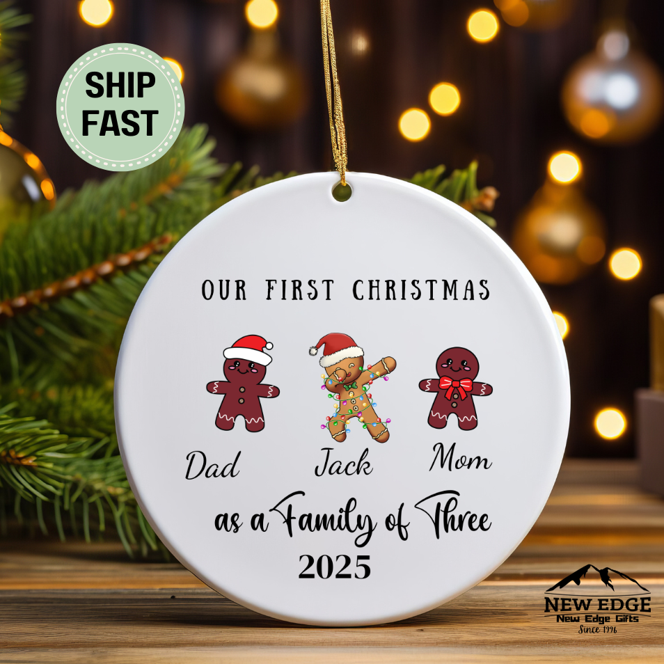 Personalized Family of Three Christmas Ceramic Ornament – Custom Holiday Keepsake