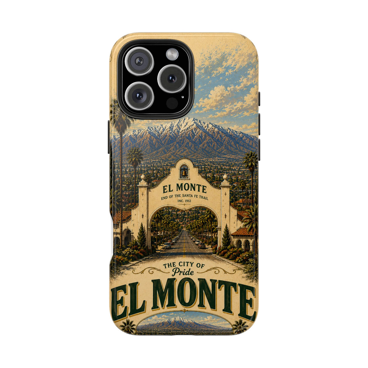 El Monte Faux Patchwork Phone Case – Santa Fe Trail Historic Archway Retro Travel Cover for iPhone 17 Samsung S26