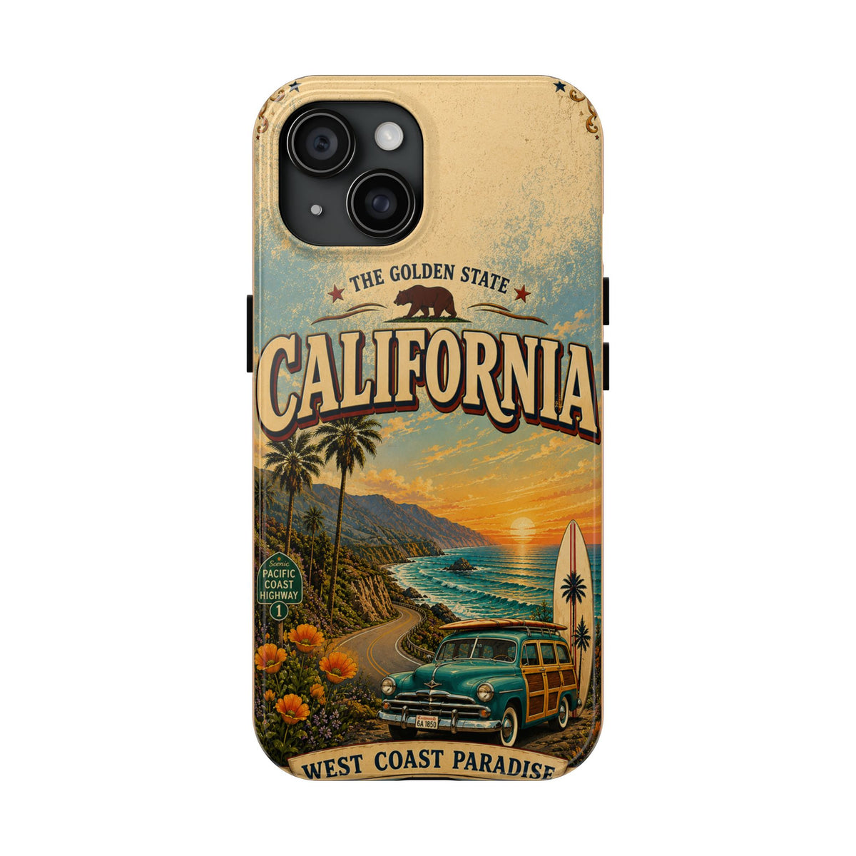 California Golden State Faux Patchwork Phone Case Vintage Travel Poster Retro State Pride Cover