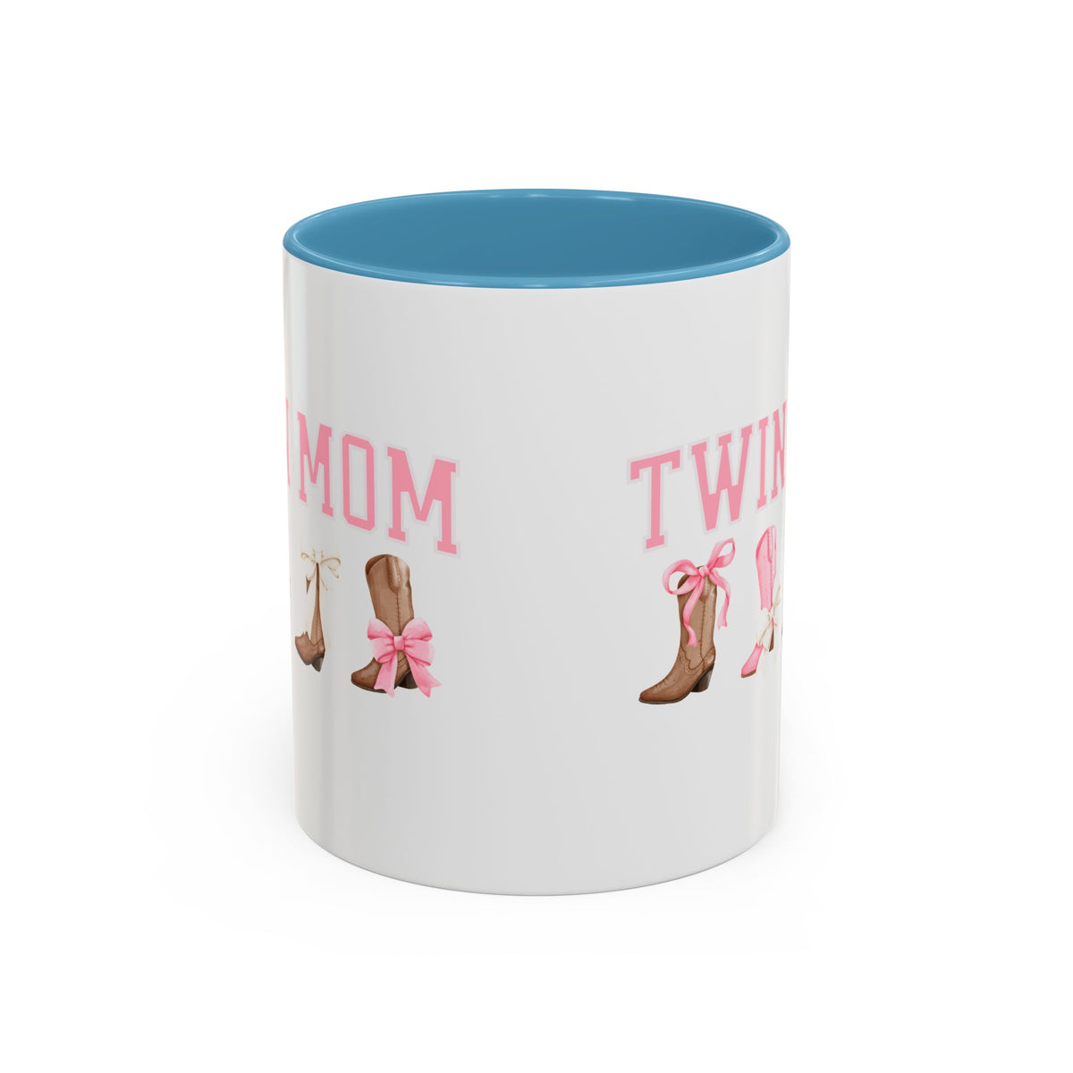 Twin Mom Letters Coffee Mug with Cowboy Boots and Bow – 11oz & 15oz Accent Mug – Cute Western Gift for Twin Moms