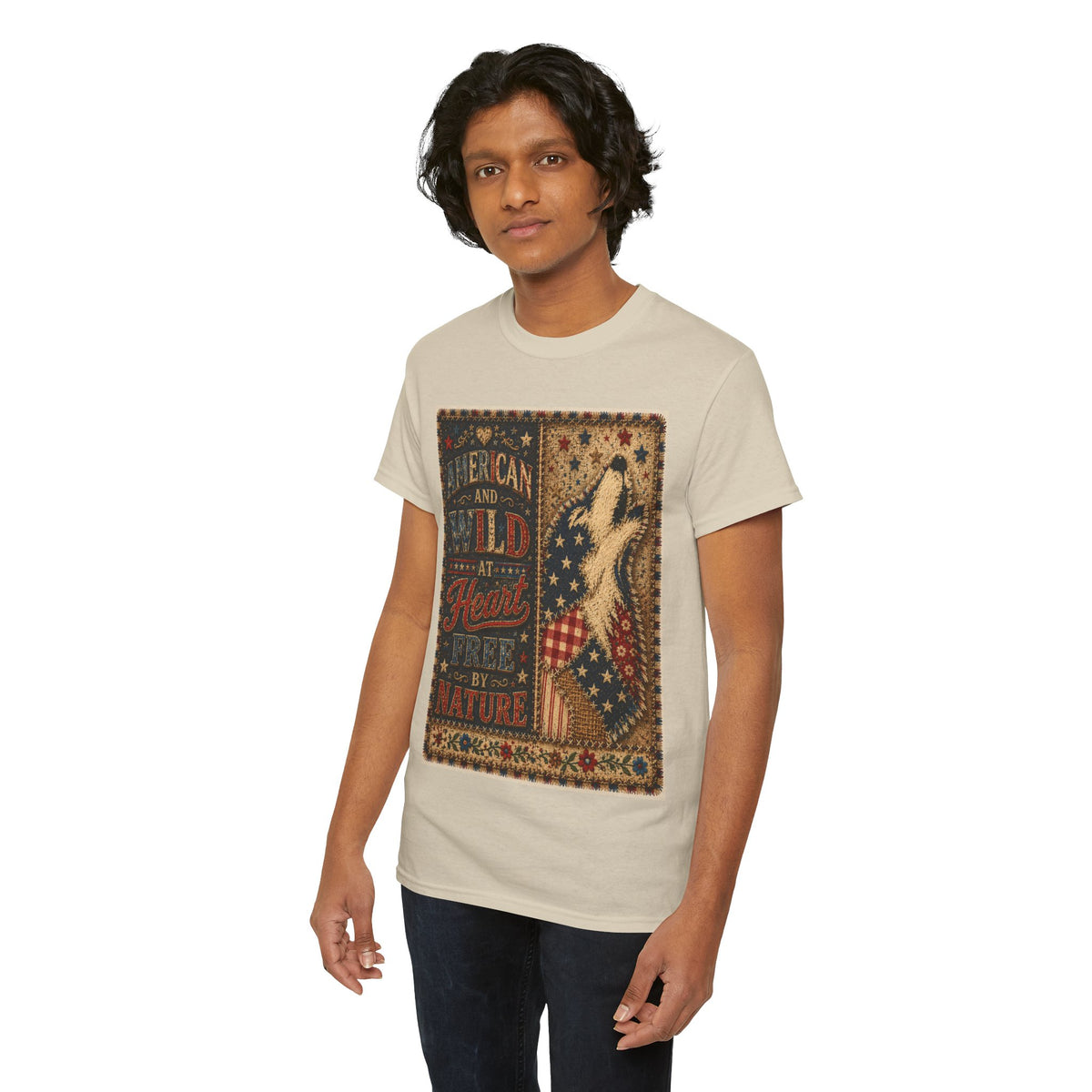 Patriotic Retro Tee – "American and Wild at Heart, Free by Nature" Flag Silhouette Shirt