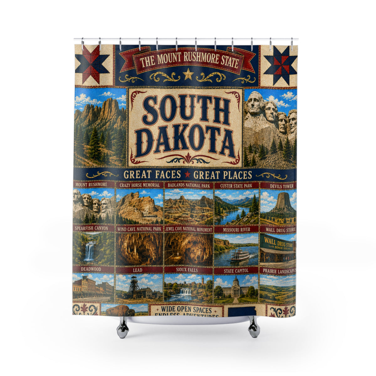 South Dakota Shower Curtain Great Faces Great Places Faux Patchwork Mount Rushmore Scenic Landmarks Rustic Bathroom Decor