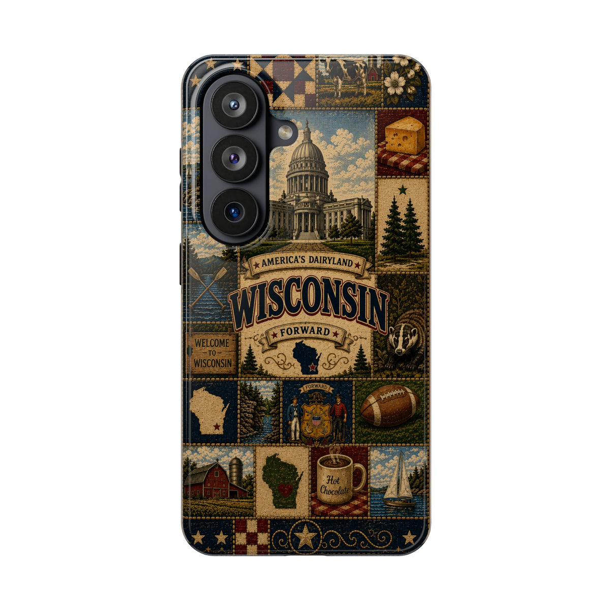 Wisconsin Faux Patchwork Phone Case Americas Dairyland Retro Barn Lighthouse Forward State Pride Cover