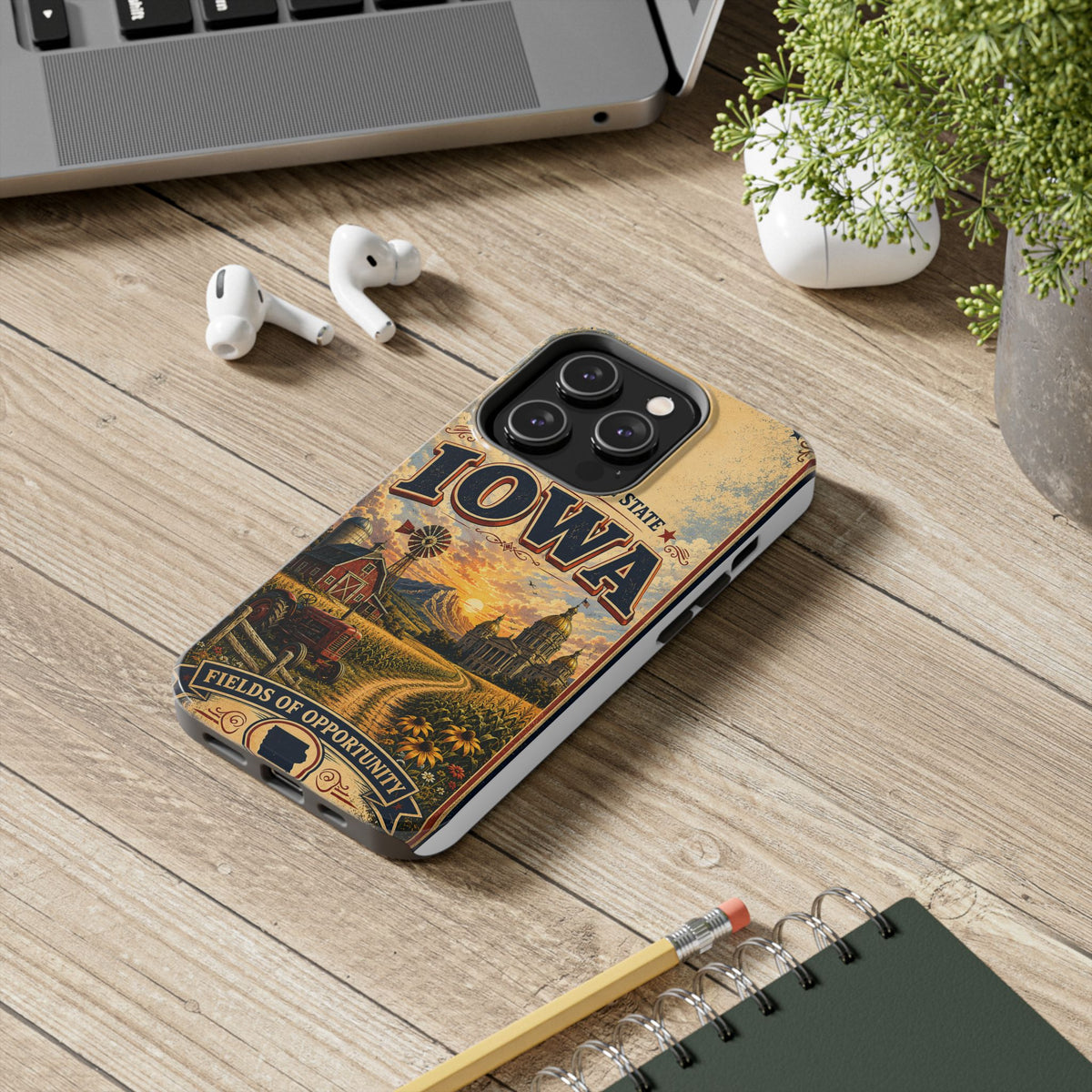 Iowa Hawkeye State Faux Patchwork Phone Case – Vintage Travel Poster Style Iowa Souvenir Cover for iPhone & Samsung