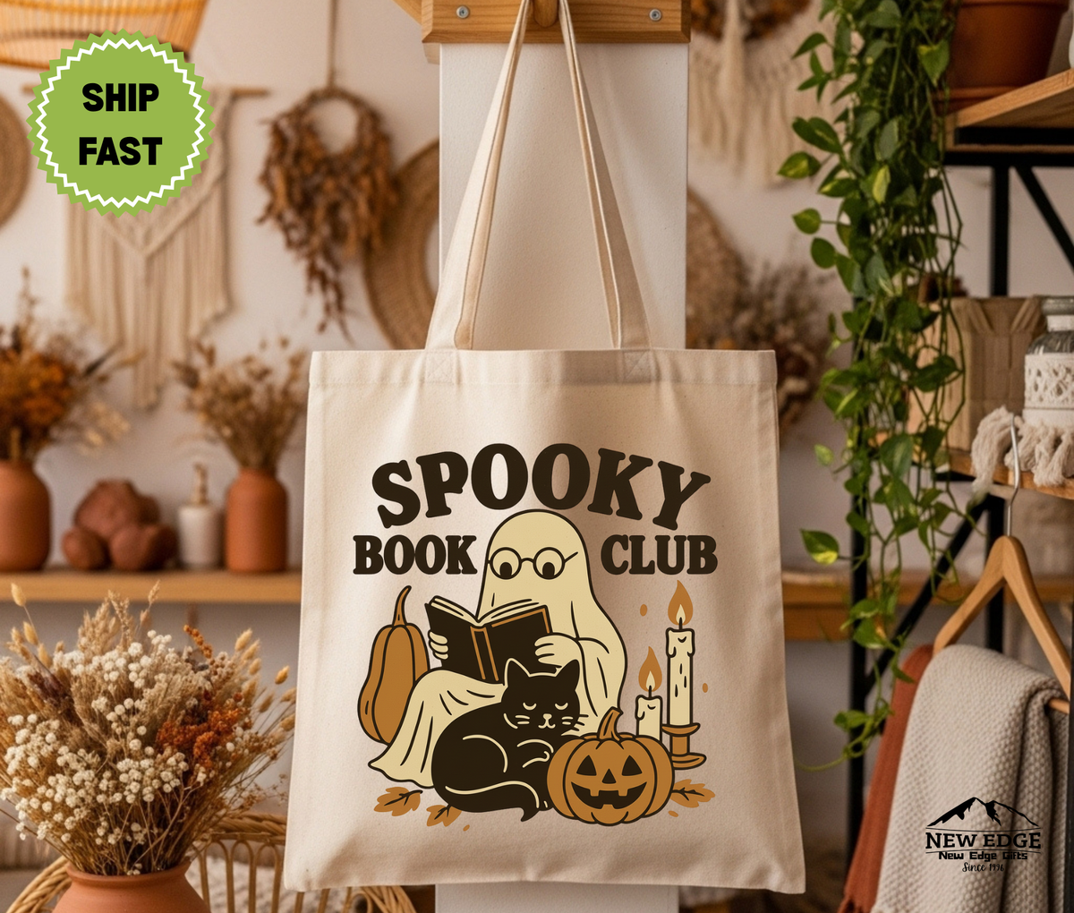 Spooky Book Club Halloween Tote Bag – Ghost Reading Book Cotton Canvas Bag, Funny Book Lover Gift, Fall Library Tote, Gothic Aesthetic Bag
