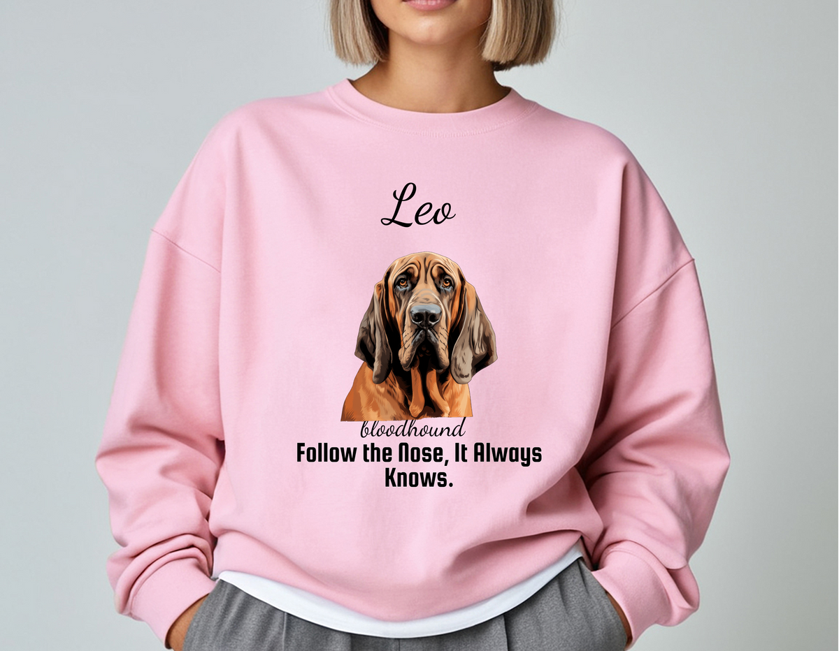 Personalized Bloodhound Sweatshirt – “Follow the Nose, It Always Knows.” | Custom Dog Lover Gift, Unisex Christmas Pet Sweatshirt, Funny Dog Slogan Hoodie, Gift for Him or Her