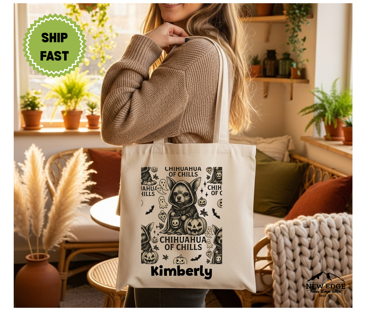 Personalized Halloween Tote Bag – Chihuahua in Hooded Robe with Ghosts, Bats & Skulls, Custom Pumpkin Ghost Cotton Canvas Bag