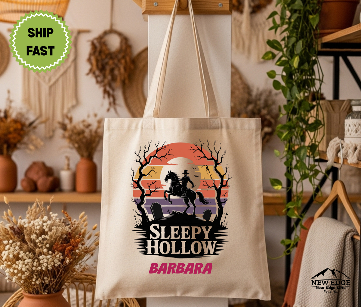 Personalized Halloween Tote Bag – Sleepy Hollow Headless Horseman & Graveyard Scene, Cotton Canvas Bag