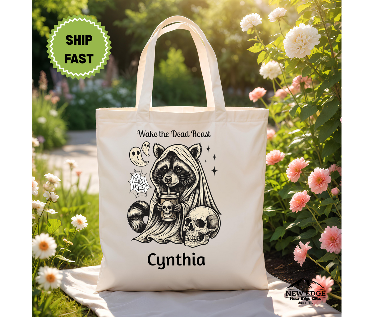 Personalized Halloween Tote Bag – Cute Raccoon in Hooded Robe with Coffee, Ghost, Spiderweb & Skulls, Cotton Canvas Bag