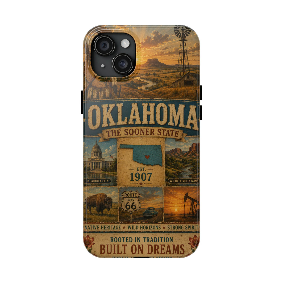 write me a title and product description for this United State phone case with Slogan  "Oklahoma Faux Patchwork Phone Case The Sooner State Vintage Travel Poster Retro State Pride Cover Est 1907"...