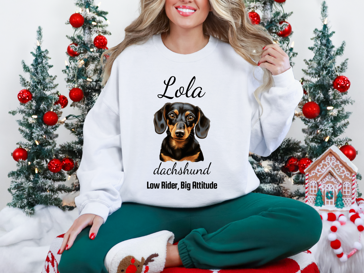 Dachshund “Low Rider, Big Attitude” Personalized Unisex Sweatshirt | Custom Dog Breed Gift for Dog Lovers
