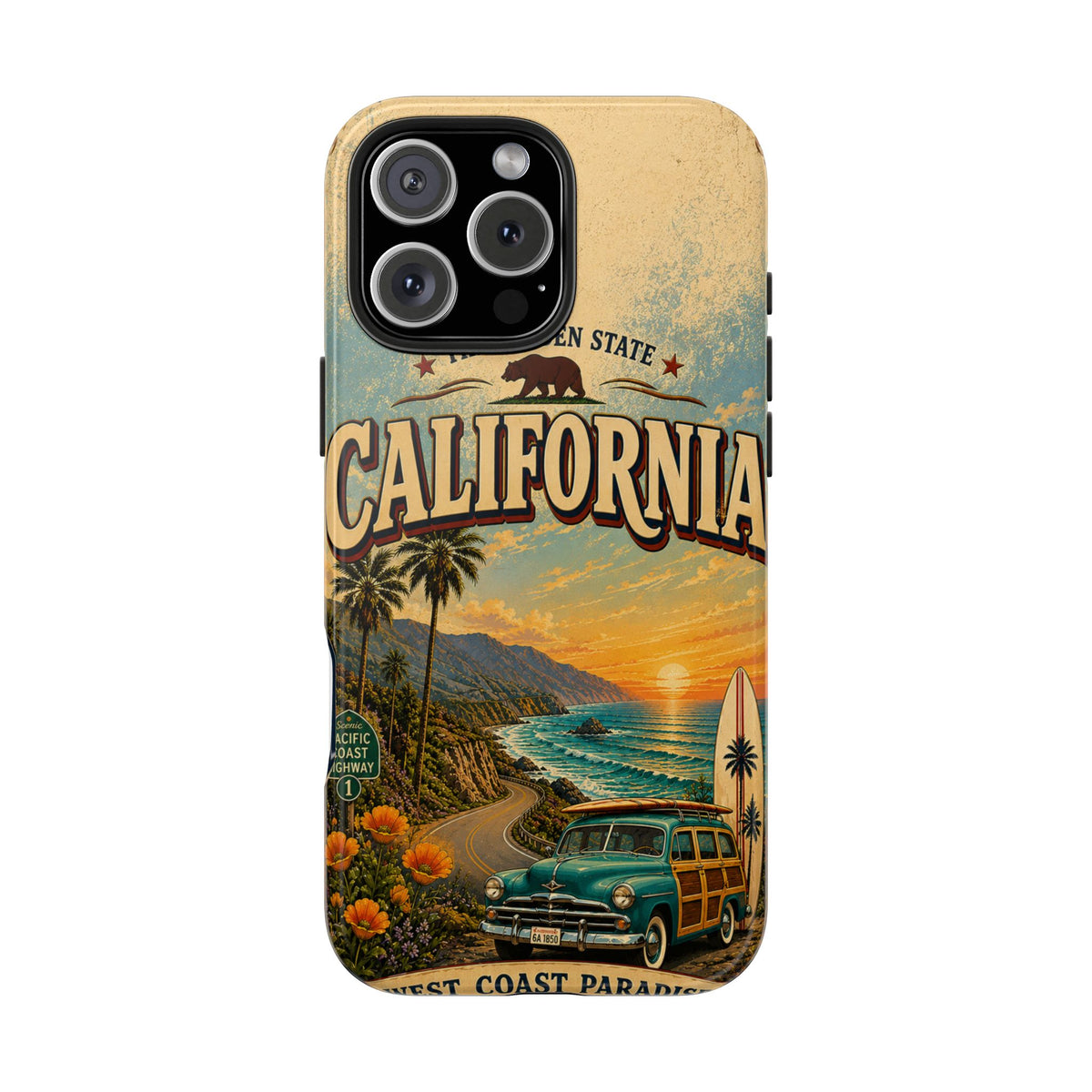 California Golden State Faux Patchwork Phone Case Vintage Travel Poster Retro State Pride Cover