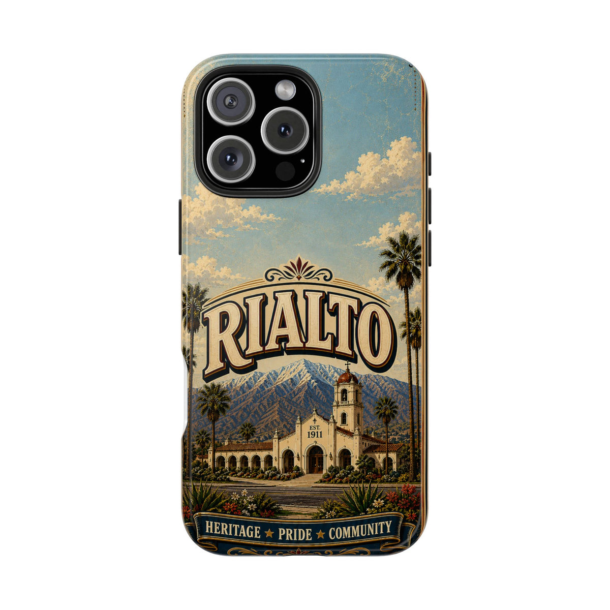 Rialto Heritage Pride Community Faux Patchwork Phone Case – Est 1911 Vintage California Travel Art Cover