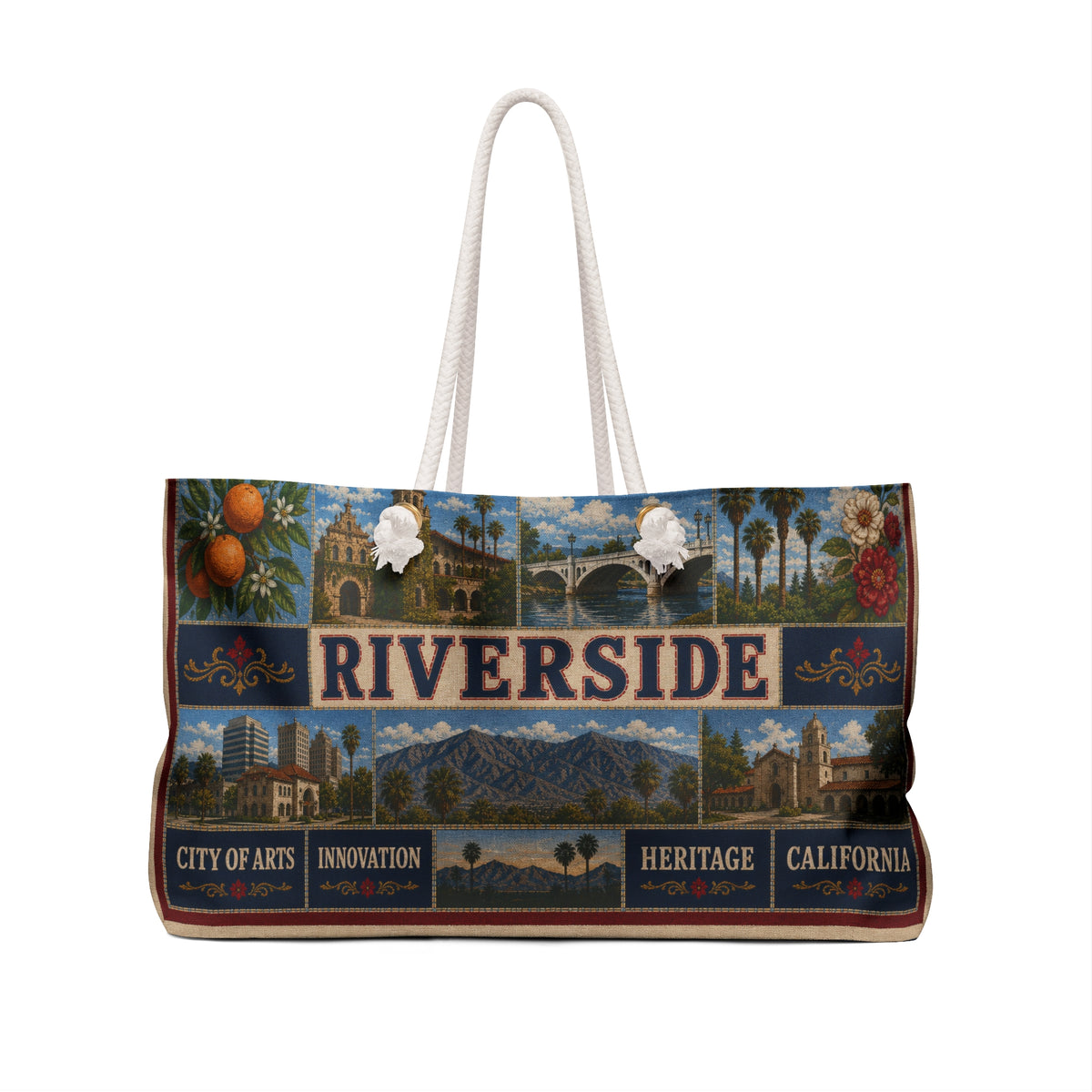 Riverside California Weekender Bag Inland Empire Faux Patchwork Travel Tote Vintage City Heritage Weekend Gift