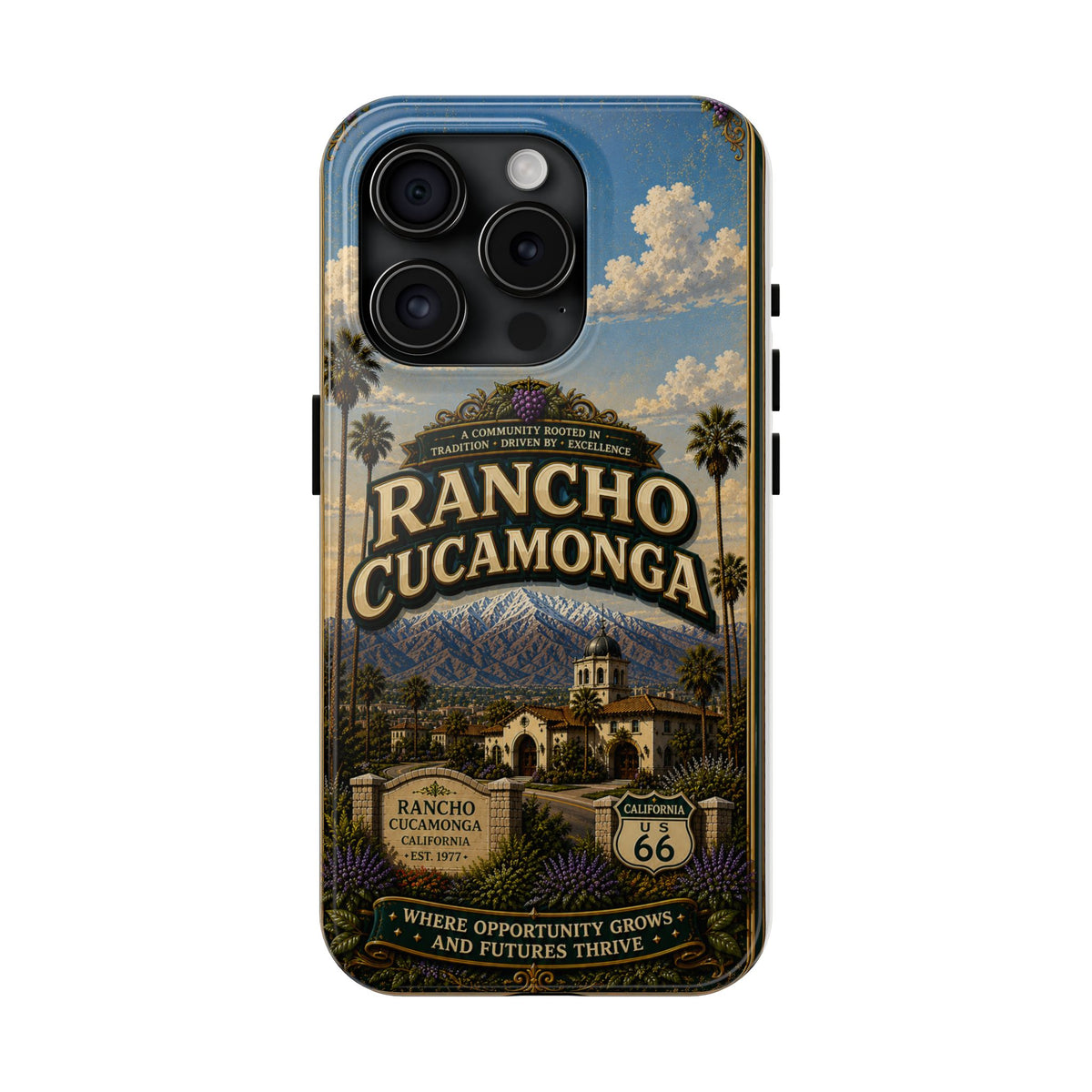 Rancho Cucamonga Where Opportunity Grows Faux Patchwork Phone Case – Route 66 Vintage Travel Art Cover