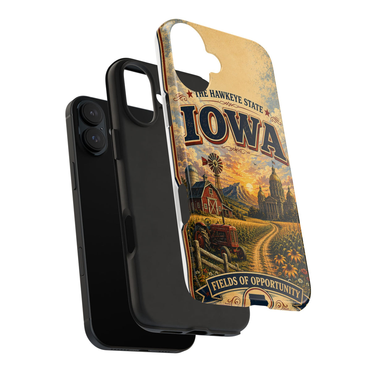 Iowa Hawkeye State Faux Patchwork Phone Case – Vintage Travel Poster Style Iowa Souvenir Cover for iPhone & Samsung