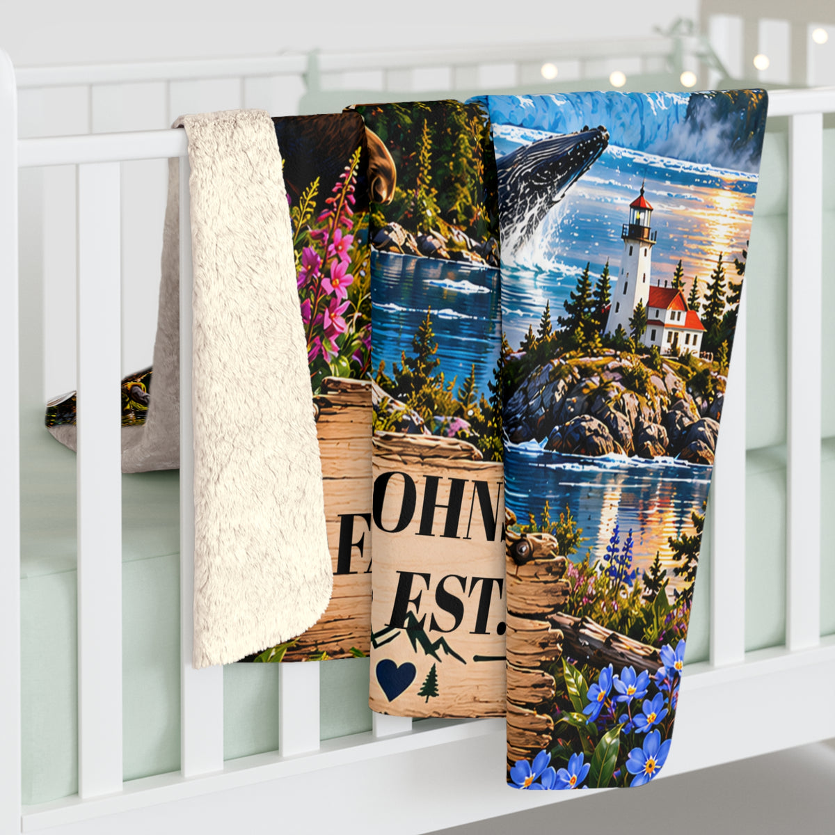Alaska Personalized Sherpa Fleece Blanket, Scenic Landmarks Wildlife Custom Family Name State Blanket