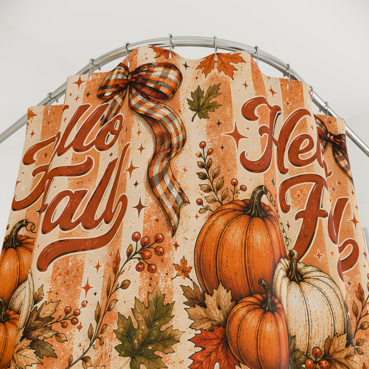 Hello Fall Shower Curtain Pumpkin Patch Autumn Leaves Plaid Bows Rustic Farmhouse Harvest Thanksgiving Bathroom Decor
