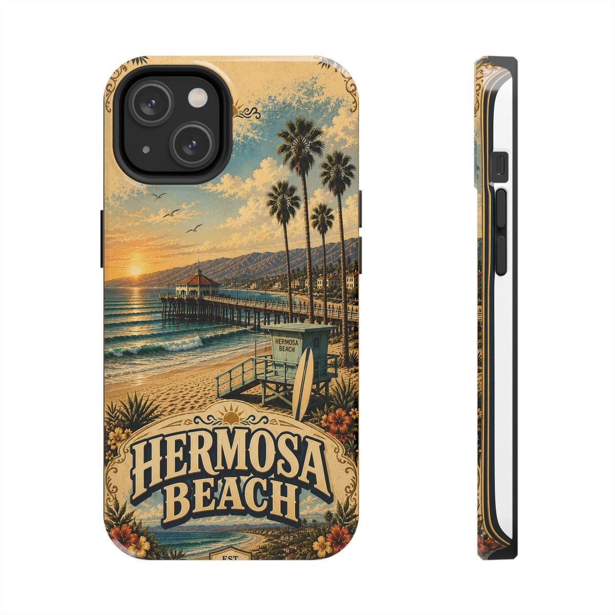 Coastal Pier Faux Patchwork Phone Case – Sunset Waves & Surf Retro California Beach Art Cover