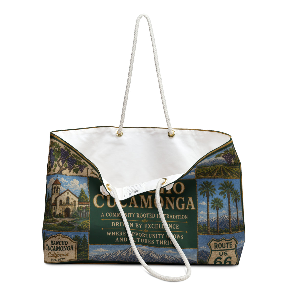 Rancho Cucamonga California Weekender Bag Route 66 Mountain Vineyard Faux Patchwork Travel Tote City Adventure Gift