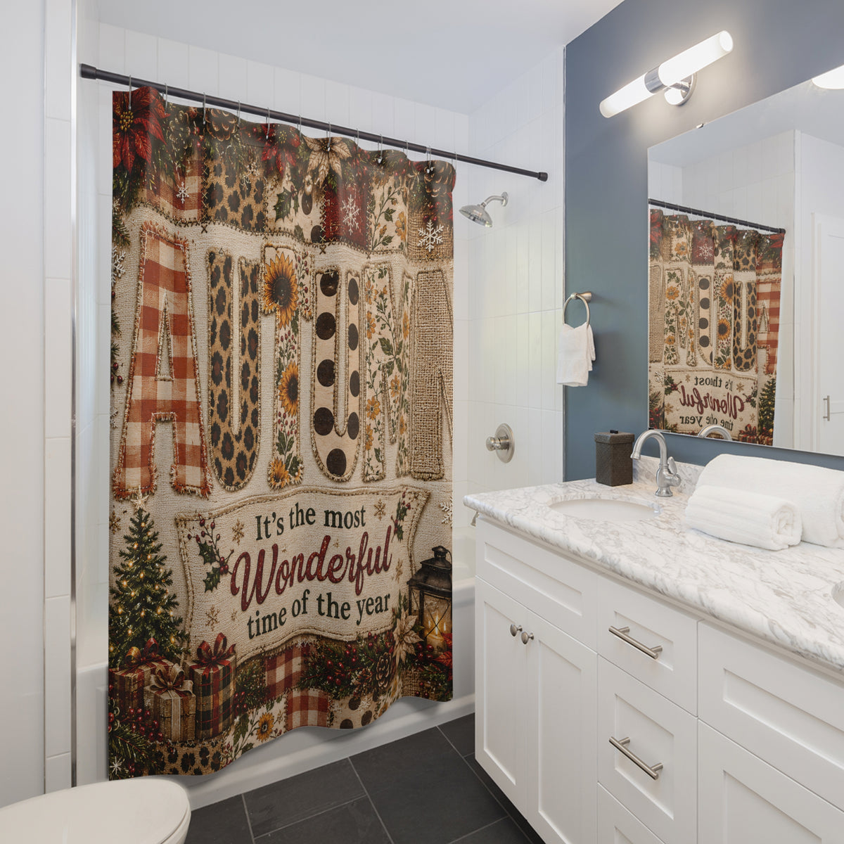 Autumn Christmas Shower Curtain Faux Patchwork Plaid Leopard Sunflower Rustic Farmhouse Holiday Bathroom Decor