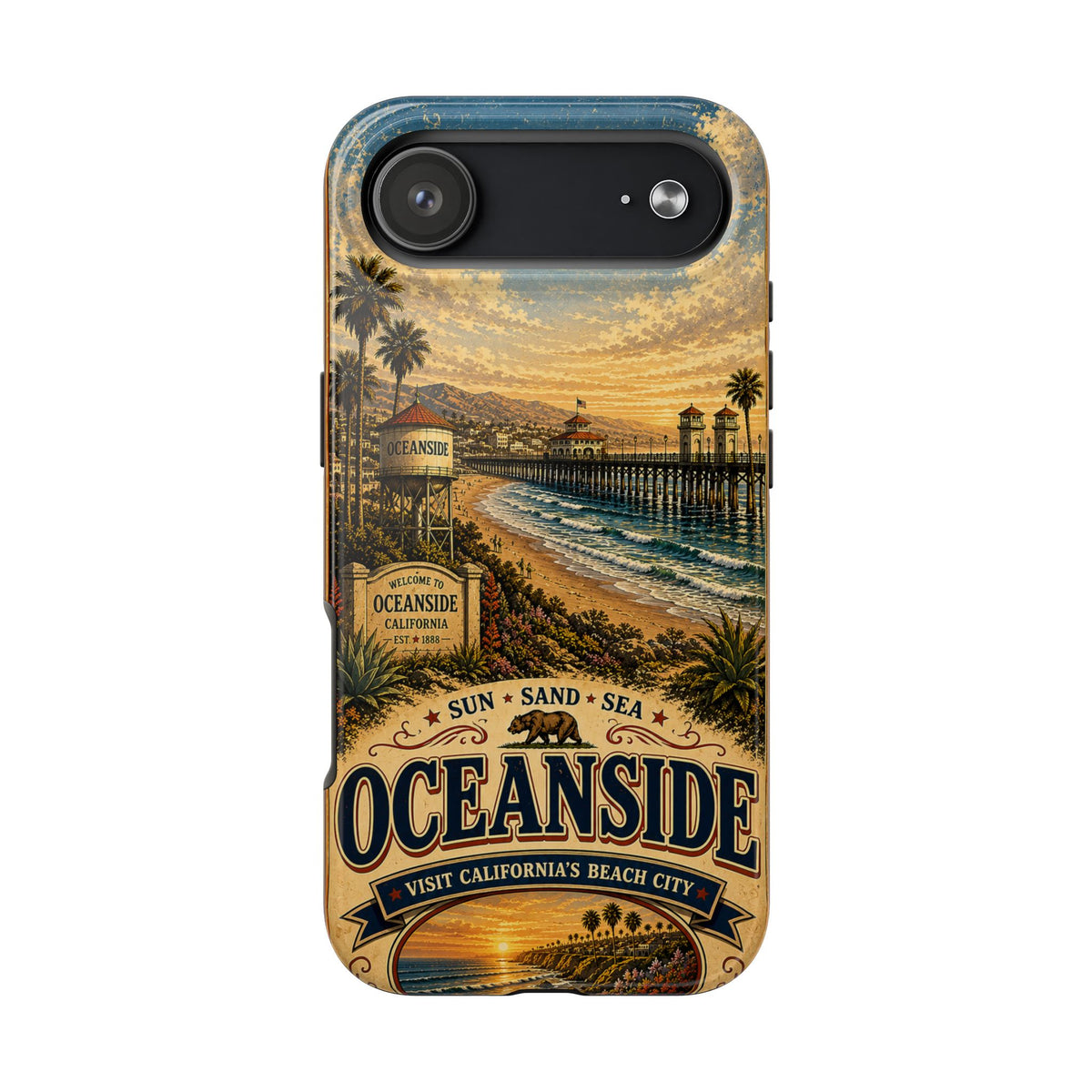 Oceanside Sunset Pier Faux Patchwork Phone Case – California Coastal Vintage Travel Art Beach Cover
