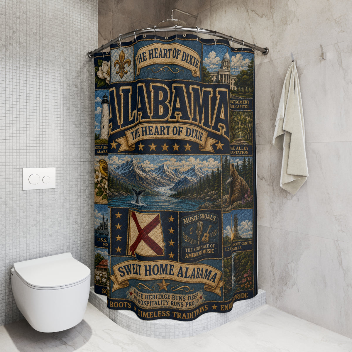 Alabama State Shower Curtain Heart of Dixie Faux Patchwork Southern Landmarks Sweet Home Alabama Bathroom Decor