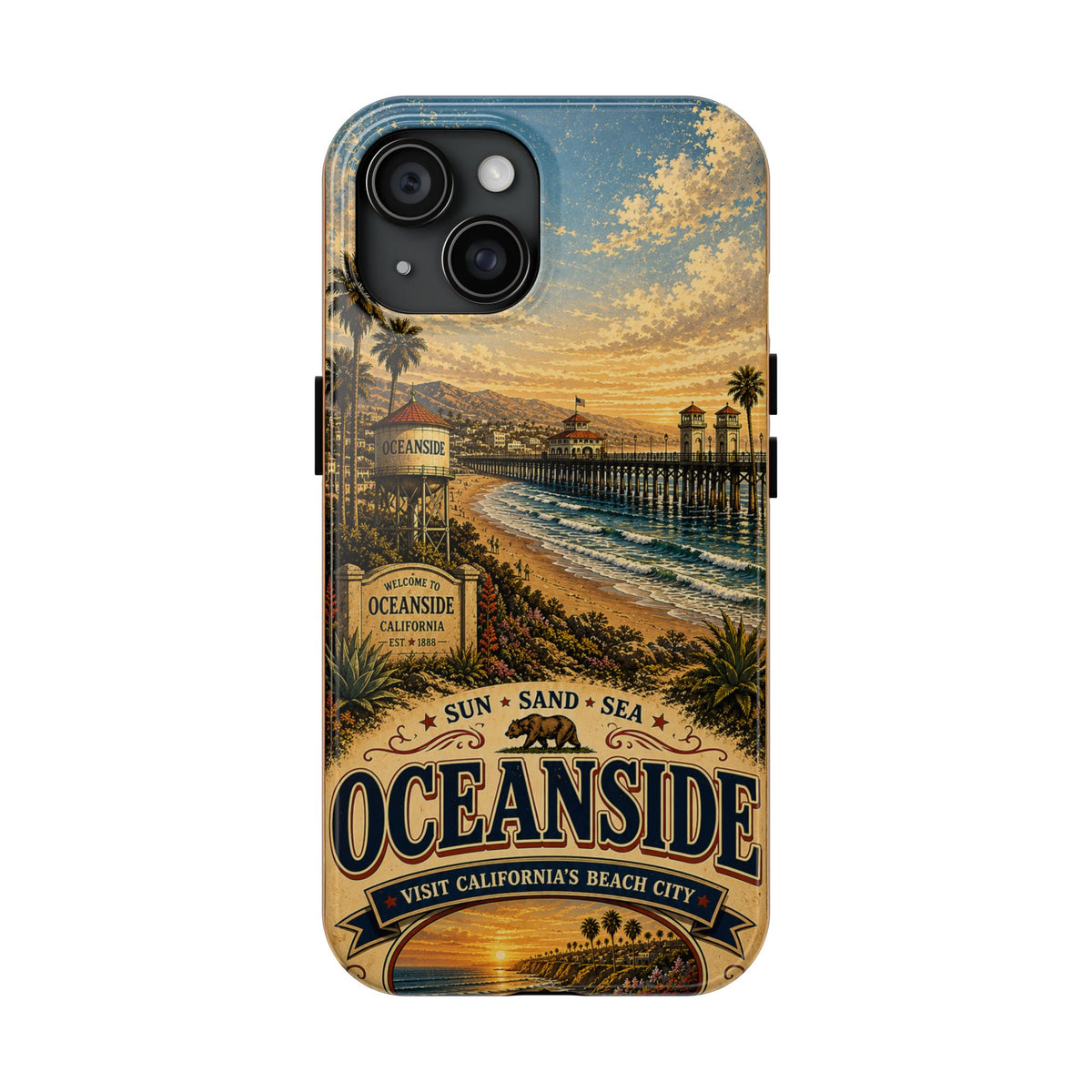 Oceanside Sunset Pier Faux Patchwork Phone Case – California Coastal Vintage Travel Art Beach Cover