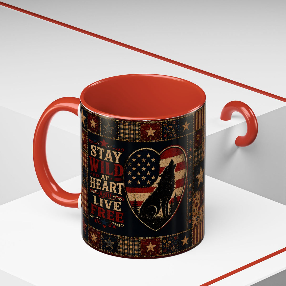 Patriotic Wolf Coffee Mug - "Stay Wild at Heart, Live Free" Accent Mug