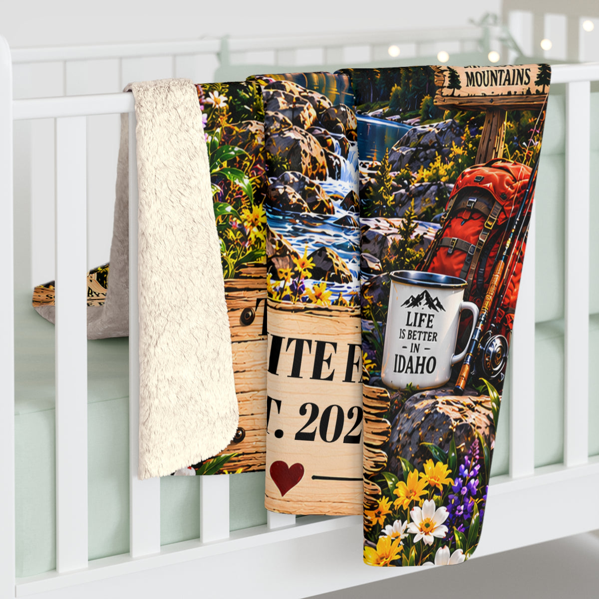 Idaho Personalized Sherpa Fleece Blanket, Gem State Sawtooth Mountains Custom Family Name Gift