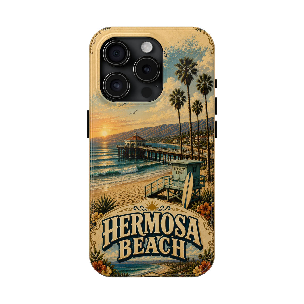 Coastal Pier Faux Patchwork Phone Case – Sunset Waves & Surf Retro California Beach Art Cover