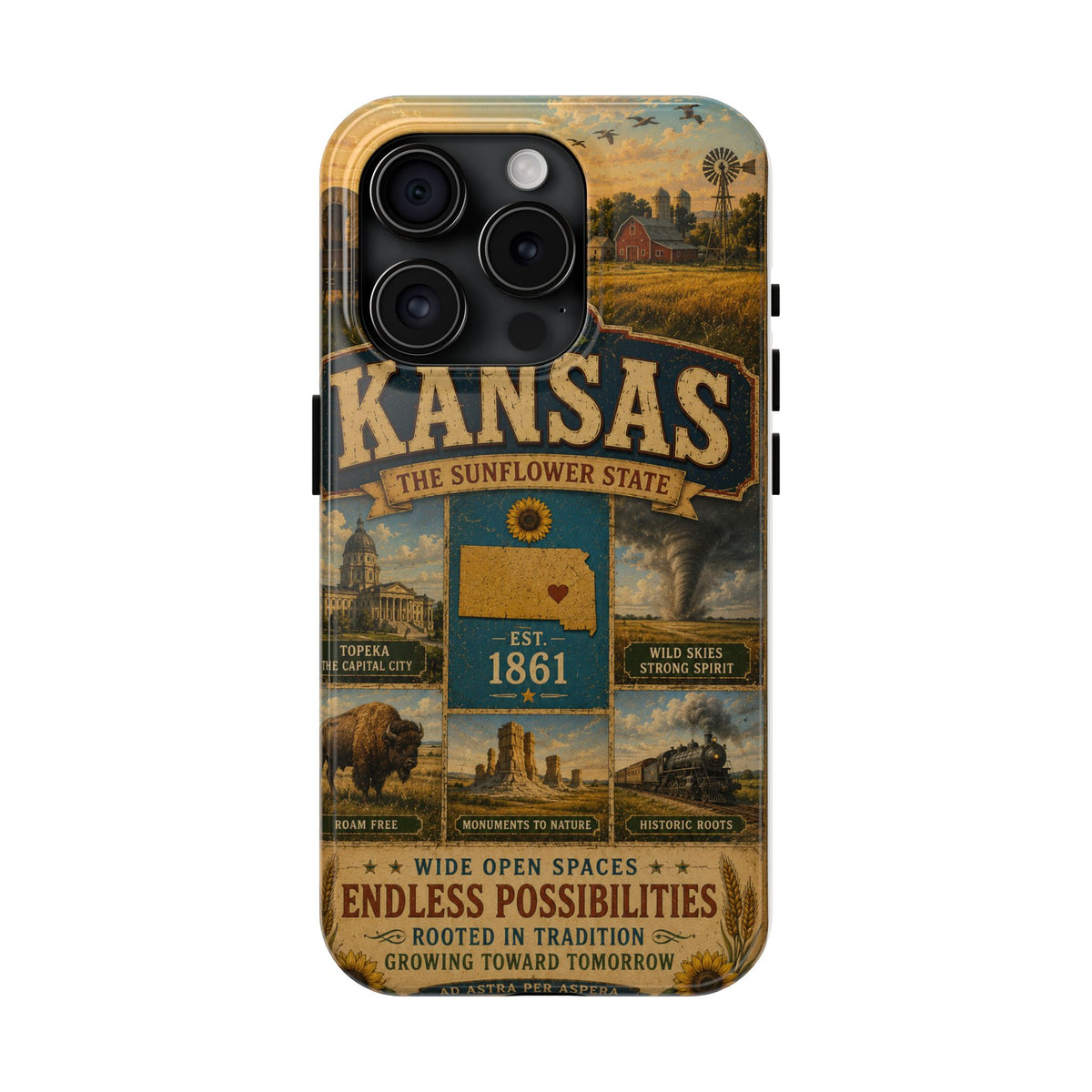 Kansas Faux Patchwork Phone Case – The Sunflower State Vintage Travel Poster Retro State Pride Cover Est 1861 for iPhone & Samsung