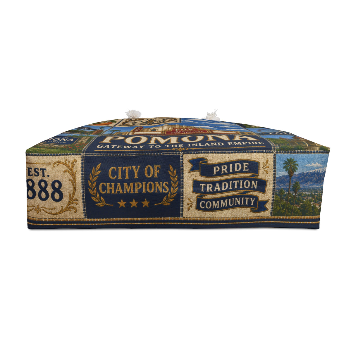 Pomona California Weekender Bag Gateway to the Inland Empire Faux Patchwork Travel Tote Historic City Getaway Gift