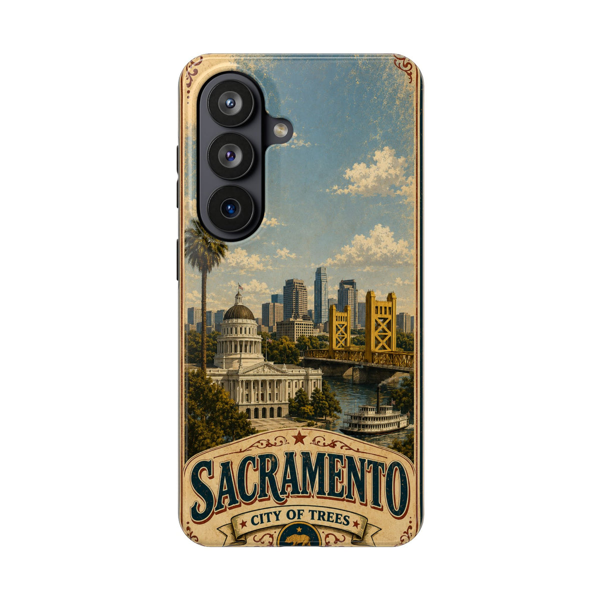 Sacramento City of Trees Faux Patchwork Phone Case Vintage California Landmark Travel Poster Cover