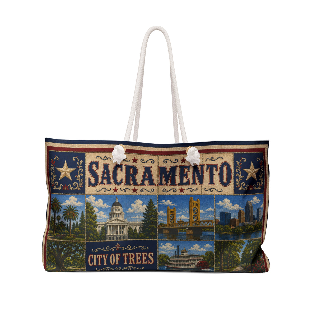 Sacramento California Weekender Bag City of Trees Faux Patchwork Travel Tote Vintage Capital City Getaway Gift