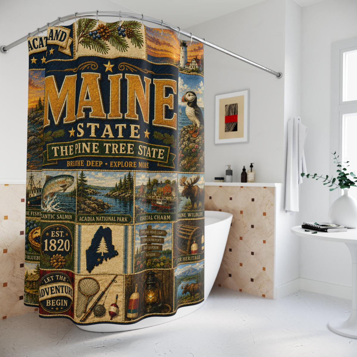 Maine Shower Curtain, Vacationland Coastal Decor, Pine Tree State Faux Patchwork, New England Bathroom Decor