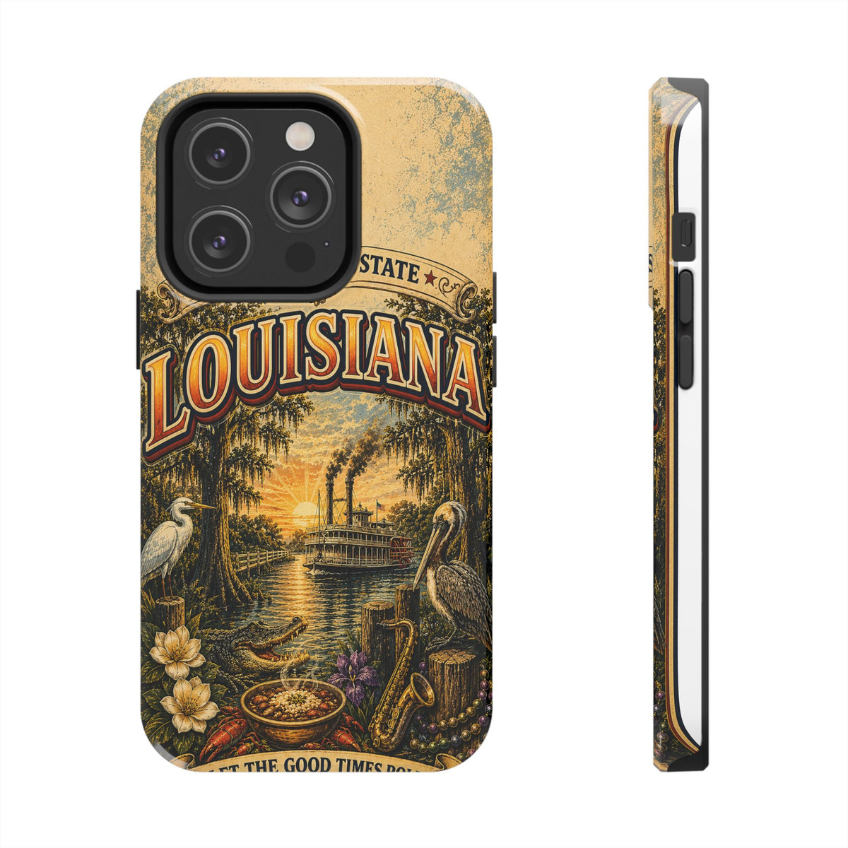 Louisiana Bayou State Faux Patchwork Phone Case – Vintage Travel Poster Style Louisiana Souvenir Cover for iPhone & Samsung