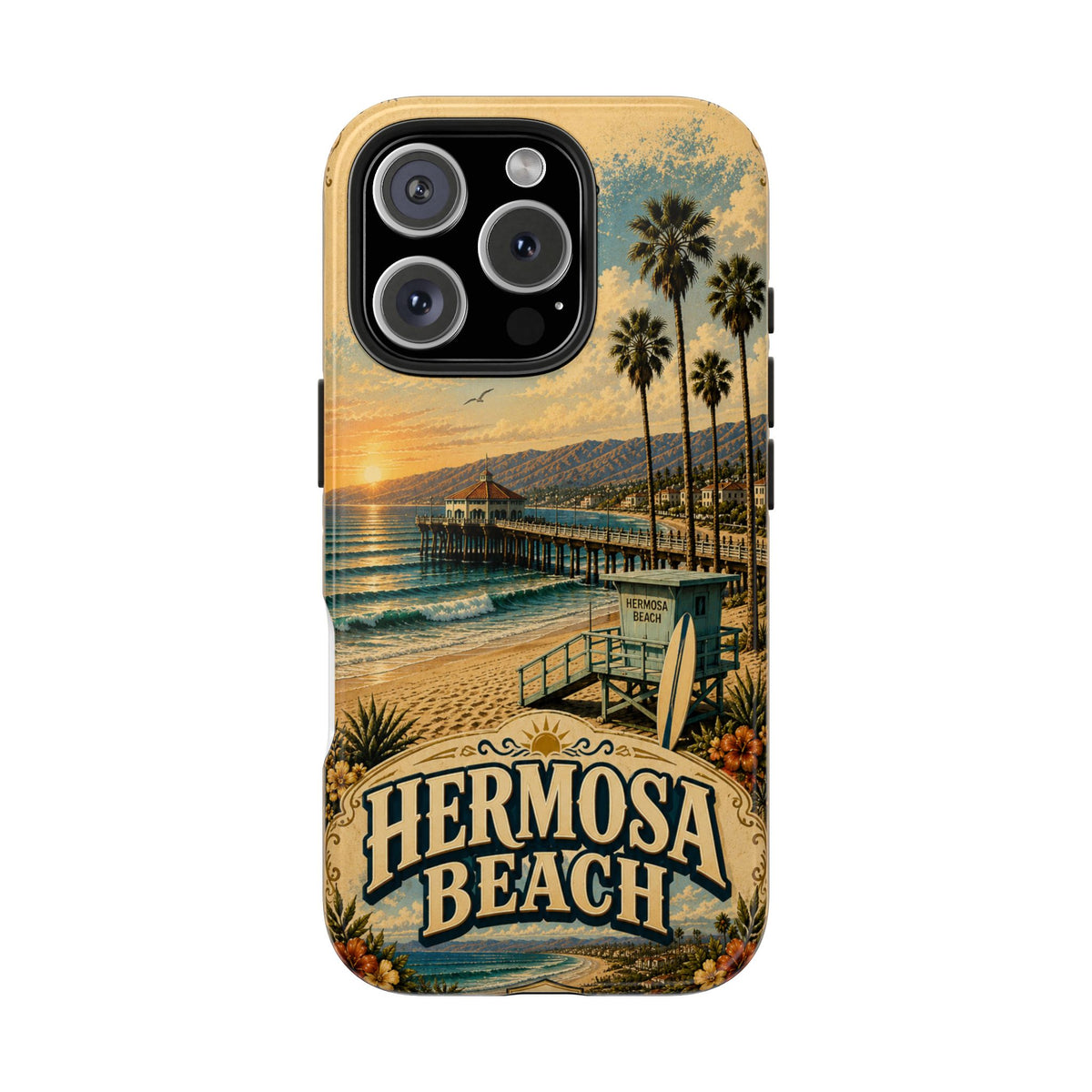 Coastal Pier Faux Patchwork Phone Case – Sunset Waves & Surf Retro California Beach Art Cover