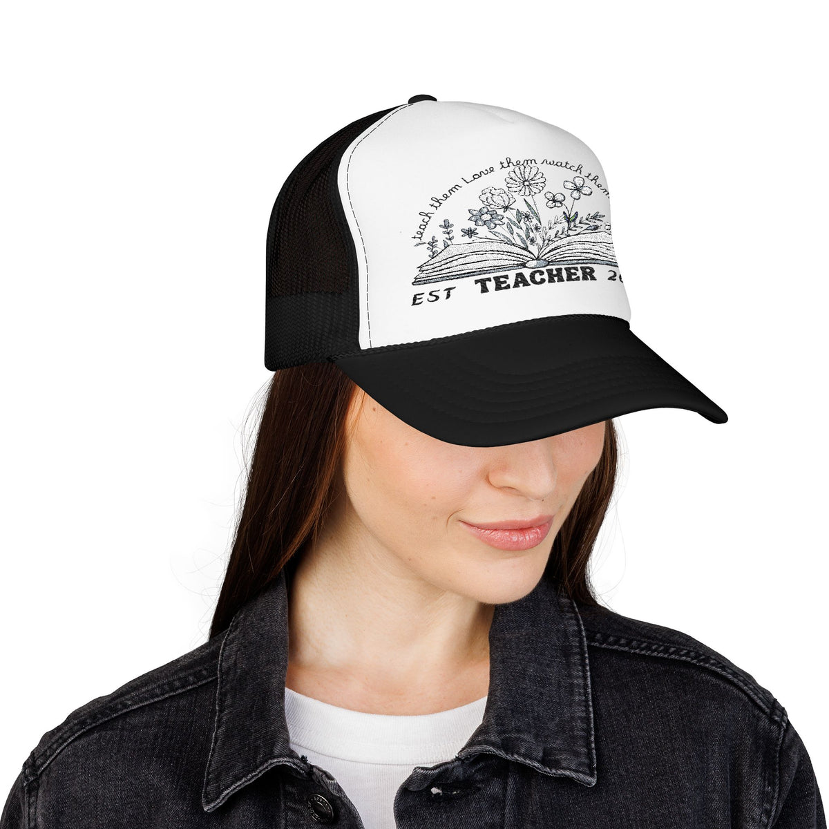 Floral Teacher Foam Trucker Hat, Embroidered Cap for Educators, Gifts for Teachers, Teacher Appreciation, Graduation Hat, Customizable