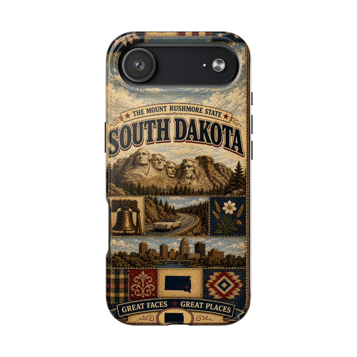 South Dakota Faux Patchwork Phone Case Mount Rushmore State Retro Bison Scenic Road State Pride Cover
