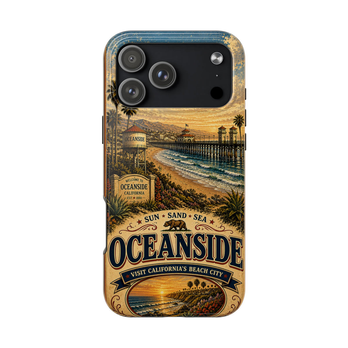 Oceanside Sunset Pier Faux Patchwork Phone Case – California Coastal Vintage Travel Art Beach Cover
