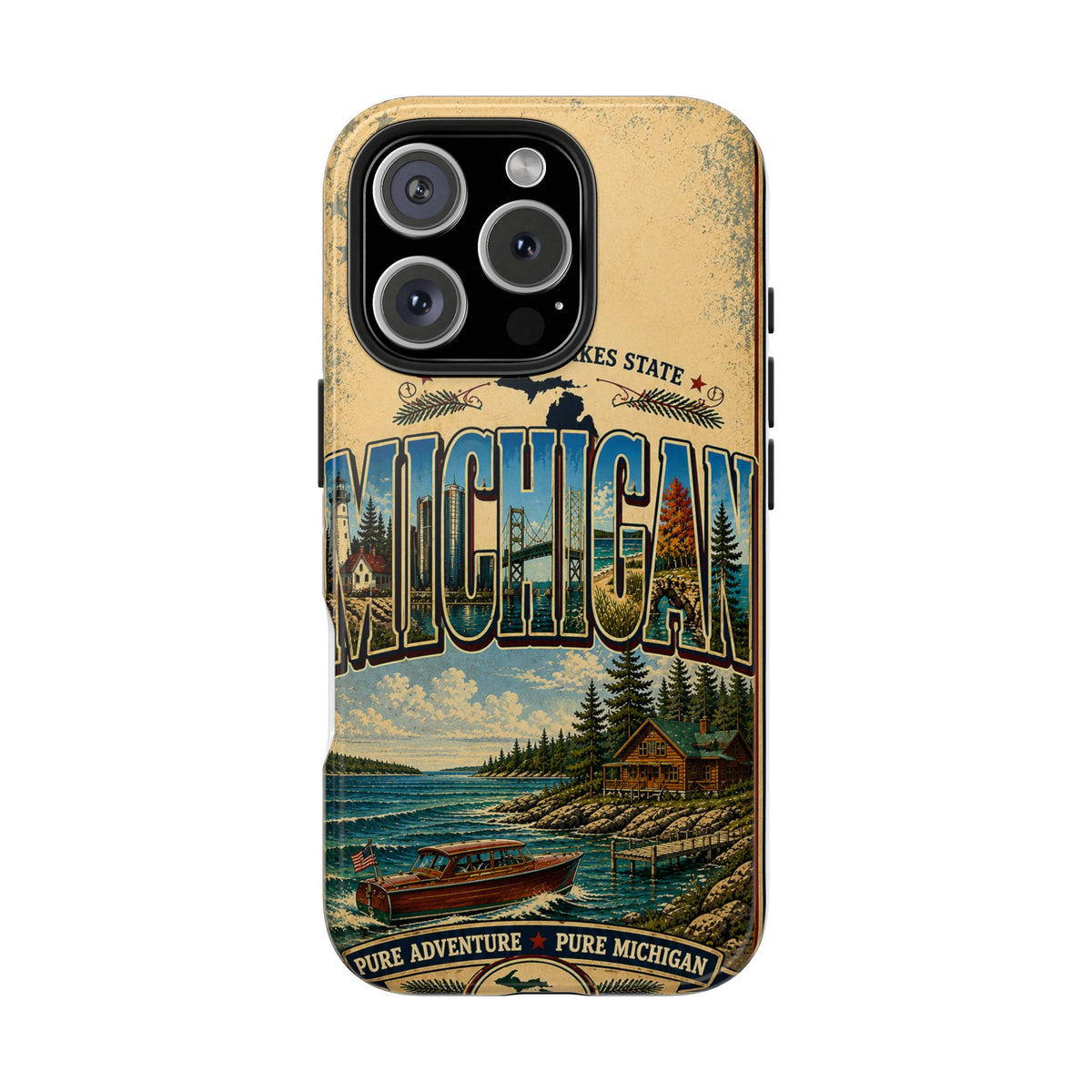 Michigan Great Lakes Faux Patchwork Phone Case – Vintage Travel Poster Style Michigan State Pride Cover for iPhone & Samsung