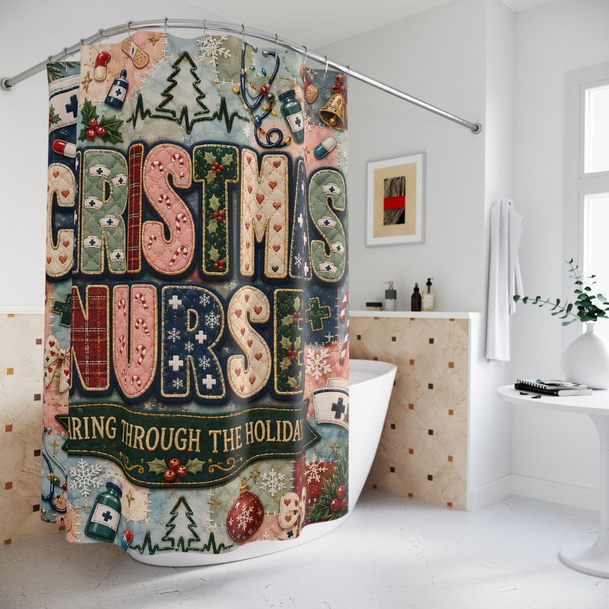 Christmas Nurse Shower Curtain Caring Through the Holidays Faux Patchwork Medical Holiday Bathroom Decor Nurse Gift